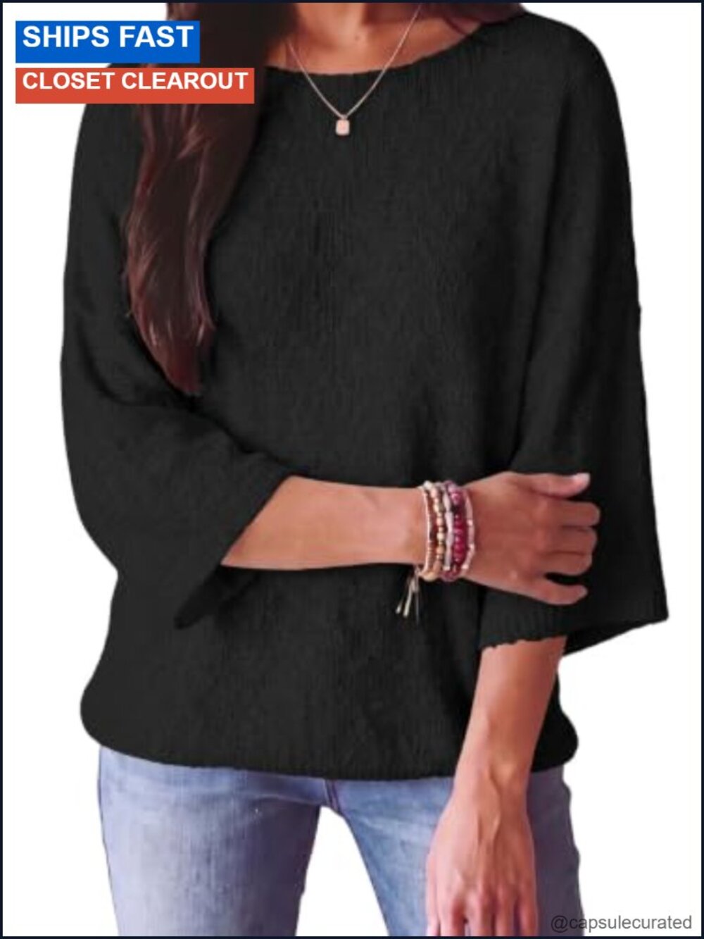 Women's Crewneck 3/4 Sleeve Knit Pullover Sweater Loose Fit Textured